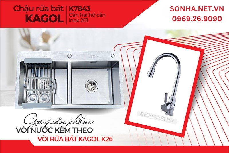 Chậu rửa bát KAGOL K7843-Cân hai hố cân inox 201 (780x430x240 mm)
