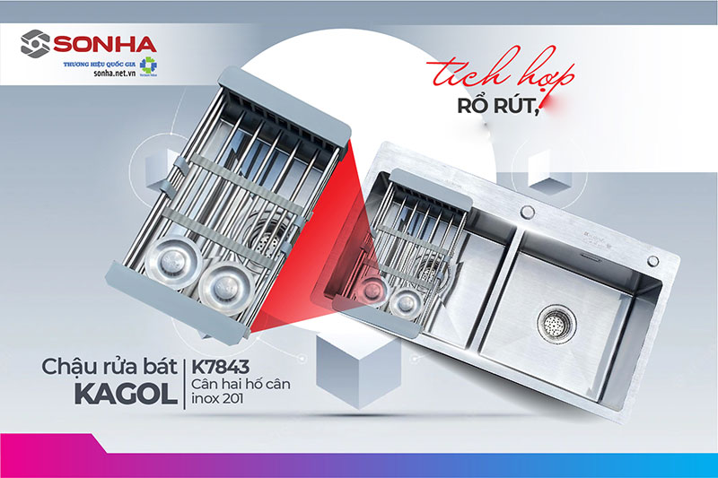 Chậu Kagol K7843 Cân tích hợp rổ rút tiện lợi dùng