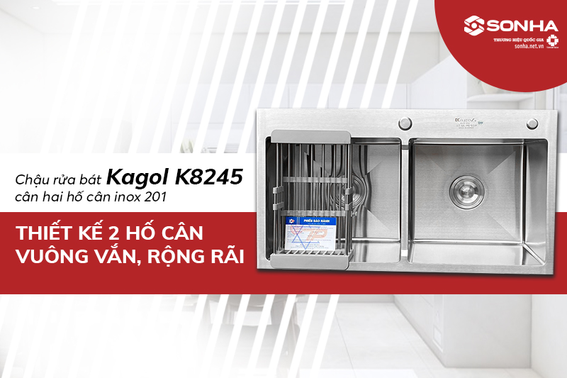 Chậu Kagol K8245 inox 201 thiết kế 2 hố cân vuông vắn