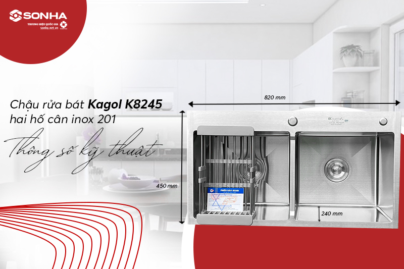 Kích thước chậu Kagol K8245 cân inox 201