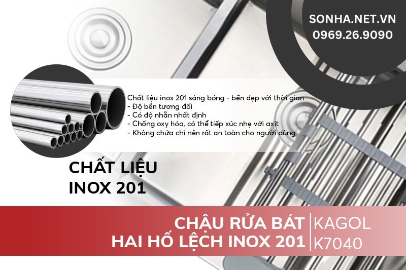 Chậu Kagol K7040 hai hố lệch làm từ inox 201 có 4 ưu điểm nổi bật