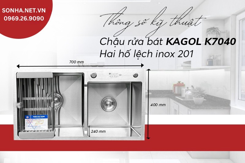 Kích thước chậu Kagol K7040 lệch inox 201 đáp ứng nhu cầu sử dụng lớn