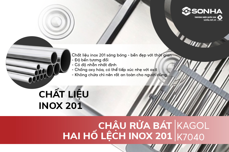 Chậu Kagol K7040 hai hố lệch làm từ inox 201