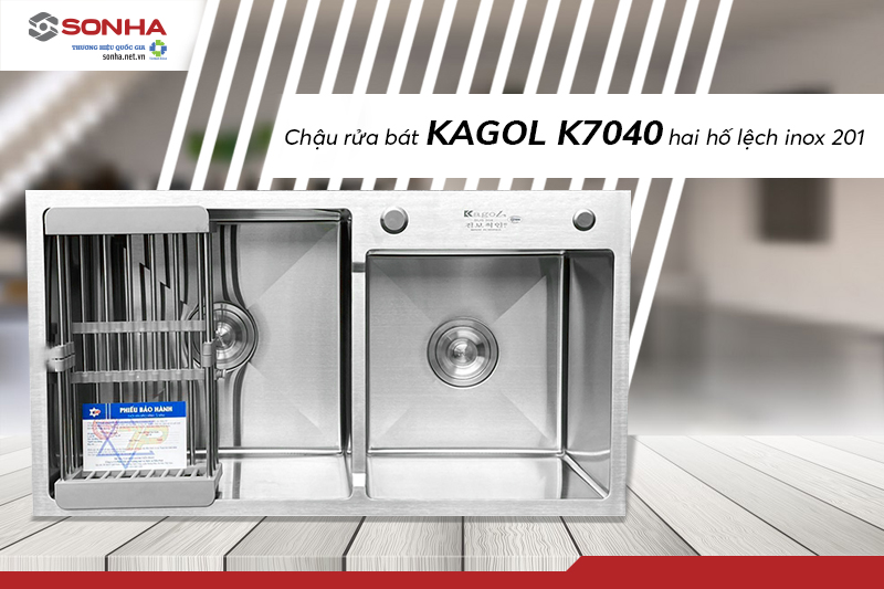 Chậu rửa bát Kagol K7040 hai hố lệch inox 201