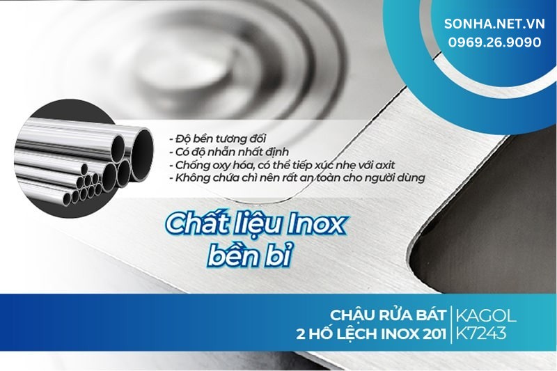 Kagol K7243 hai hố lệch l&agrave;m từ chất liệu inox 201 chống oxy ho&aacute;, an to&agrave;n người d&ugrave;ng