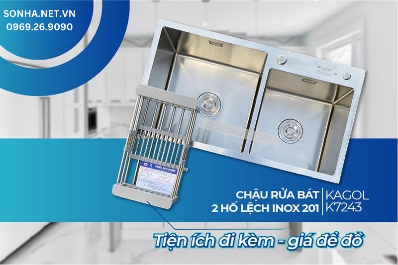 Khi mua chậu rửa Kagol K7243 lệch inox 201 được tặng k&egrave;m gi&aacute; để đồ tiện &iacute;ch