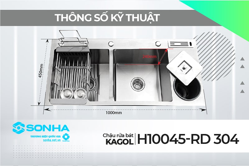 Chậu rửa bát Kagol H10045-RD 304 hai hố cân