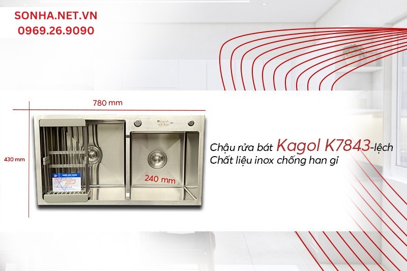 Chậu Kagol K7843 lệch inox 201 có khả năng chống han gỉ, dễ dàng vệ sinh