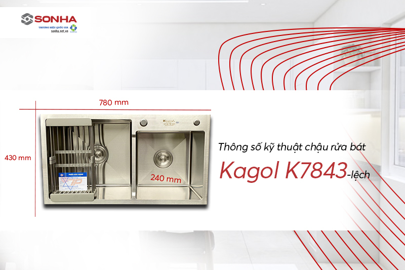 Kích thước chậu Kagol K7843 lệch inox 201