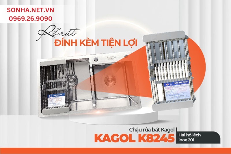 Mua chậu Kagol K8245 lệch inox 201 tặng kèm rổ rút tiện lợi