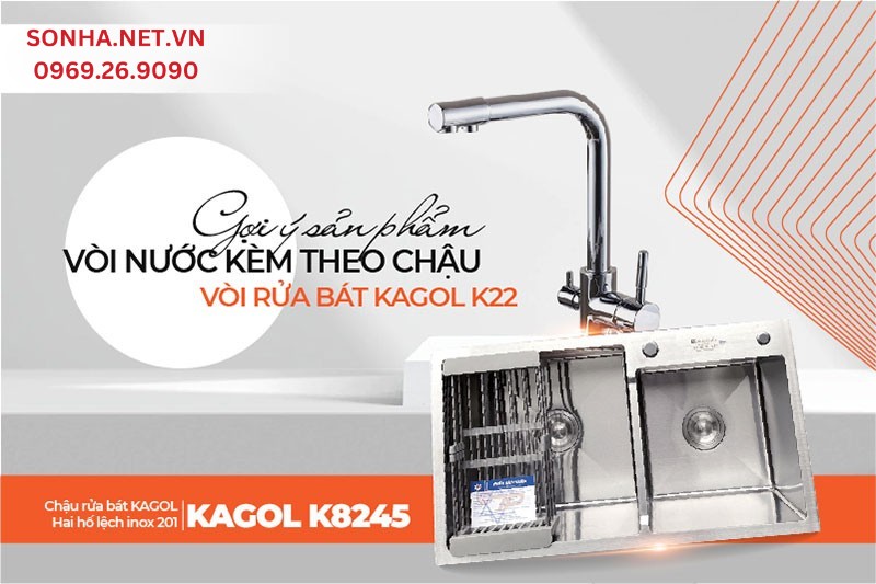 Chậu Kagol K8245 lệch inox 201 tiện lợi lắp đặt cùng vòi K22