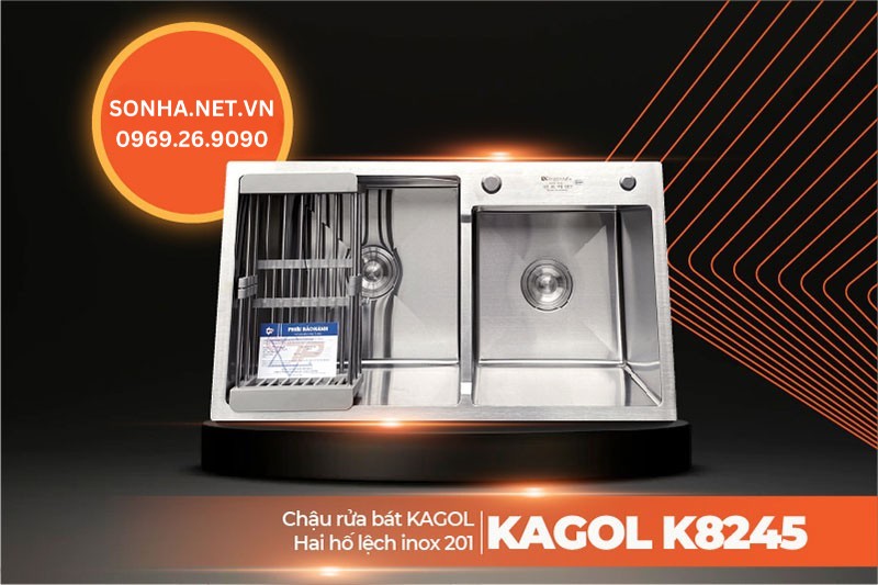Chậu Kagol K8245 lệch inox 201 hiện đại, đẹp, tiện ích