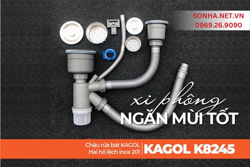 Xi phông chậu Kagol K8245 lệch inox 201 thoát nước nhanh