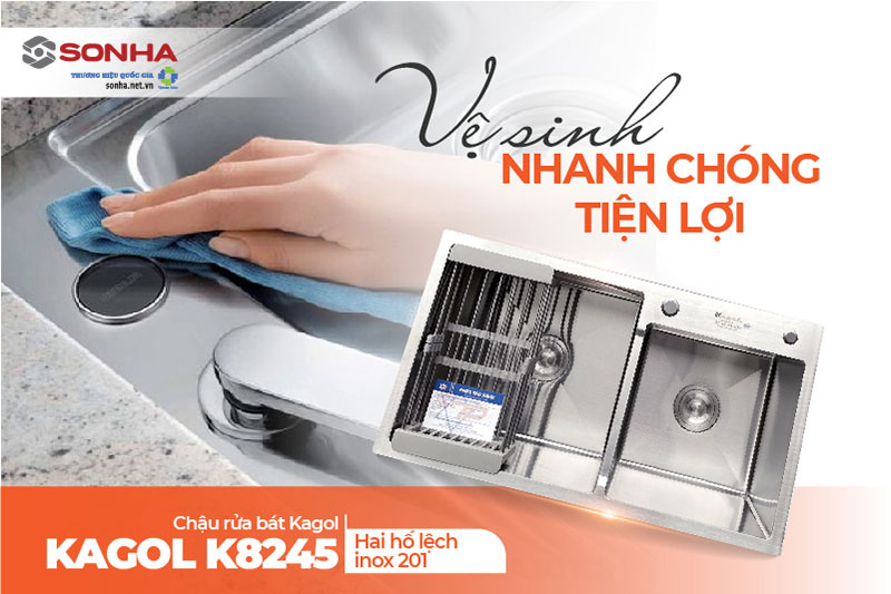 Chậu Kagol K8245 lệch inox 201 dễ dàng vệ sinh