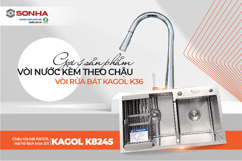 Chậu Kagol K8245 lệch inox 201 và vòi K36