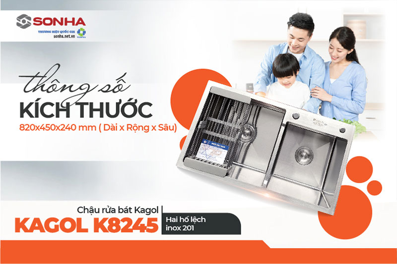 Kích thước chậu rửa bát Kagol K8245 lệch inox 201