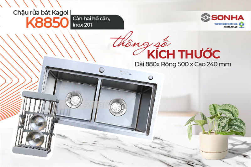 Kích thước bồn rửa chén inox Kagol K8850