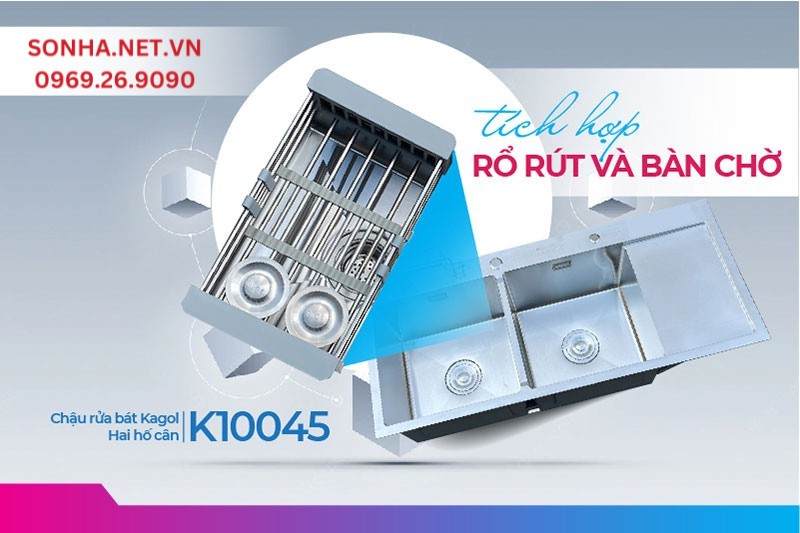Chậu Kagol K10045 tích hợp rổ rút, bàn chờ tiện lợi