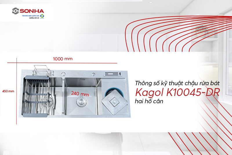 Kích thước chậu Kagol K10045-DR hai hố cân inox 201