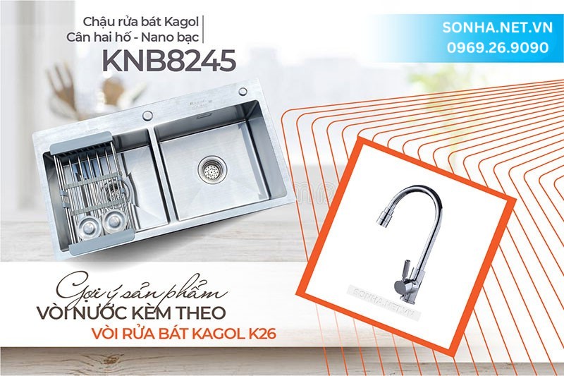 Chậu Kagol KNB8245 lắp đặt c&ugrave;ng v&ograve;i K26 tiện &iacute;ch đa năng
