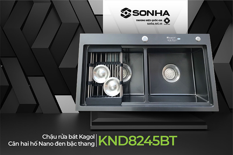 Chậu rửa bát Kagol KND8245BT hai hố cân nano đen bậc thang