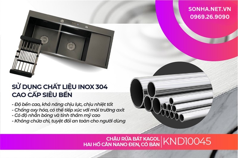 Chậu Kagol KND10045 làm từ inox 304 nên tiết kiệm chi phí, an toàn sức khoẻ