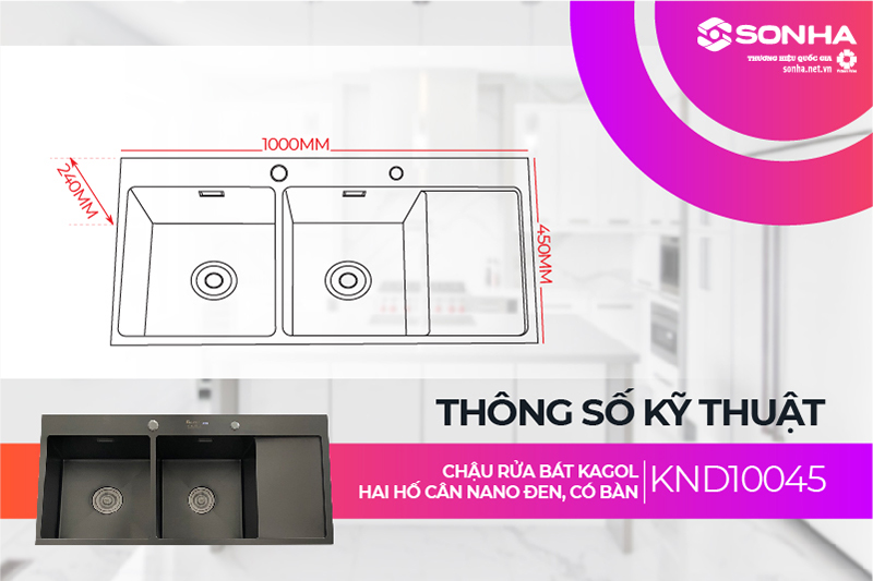 Kích thước chậu Kagol KND10045 nano đen cân có bàn