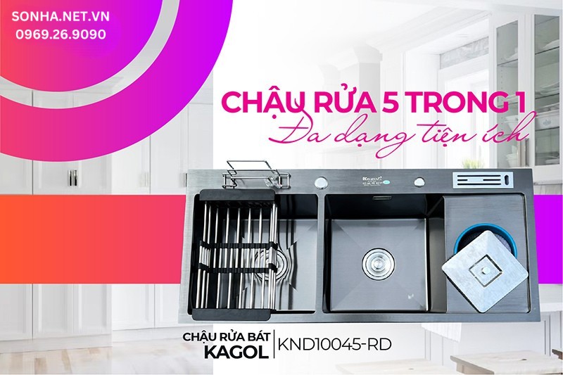 Chậu Kagol KND10045-RD tiện ích đa năng cài dao, thớt, hố rác, rổ rút