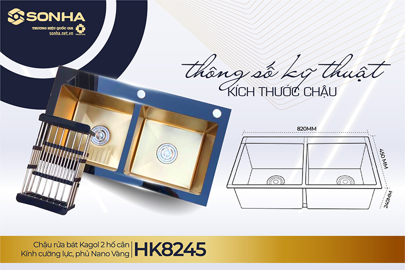 Kích thước chậu Kagol HK8245 hai hố cân