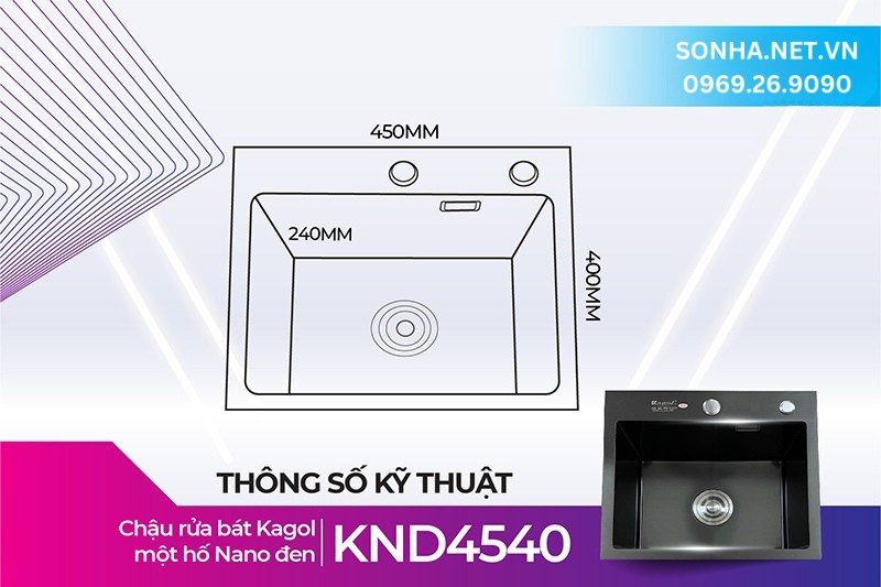 Thông số kích thước chậu Kagol KND4540 một hố nano đen