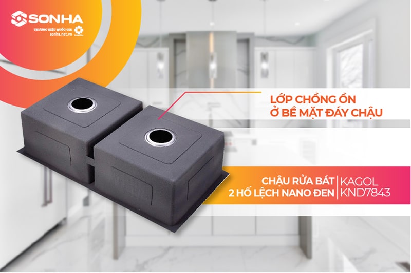 Lớp chống ồn chậu rửa Kagol KND7843 2 hố lệch nano đen