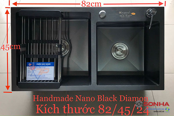 Hình ảnh thực tế bồn rửa chén inox 2 ngăn Kagol KND8245 lệch nano đen