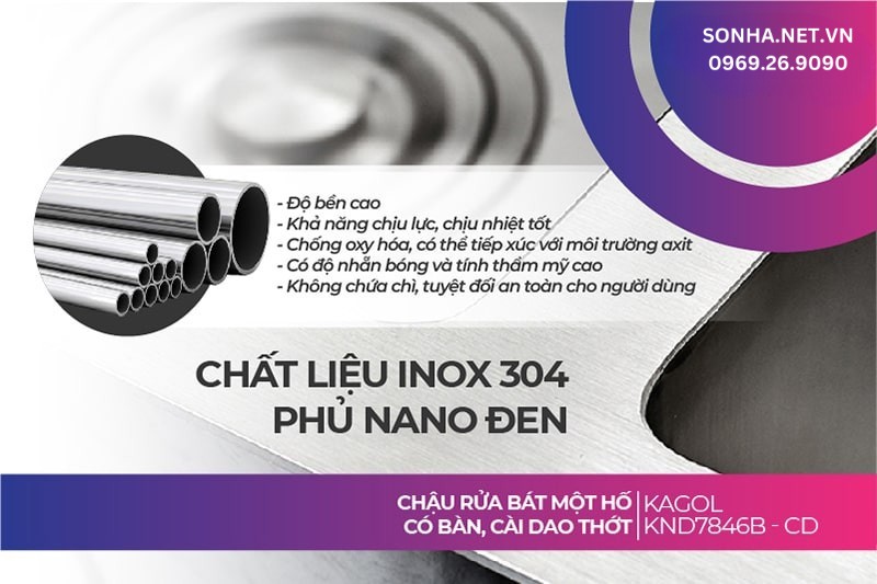 Chậu rửa Kagol KND7846B-CD làm từ chất liệu inox 304 và phủ nano đen nên bền vượt trội theo thời gian