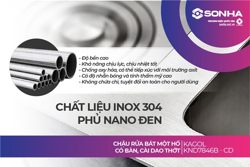 Chậu rửa bát Kagol KND7846B-CD làm từ chất liệu inox 304