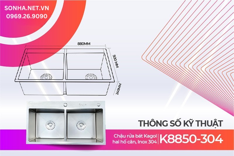 Kích thước chậu Kagol K8850-304 rộng đáp ứng tối đa nhu cầu sử dụng
