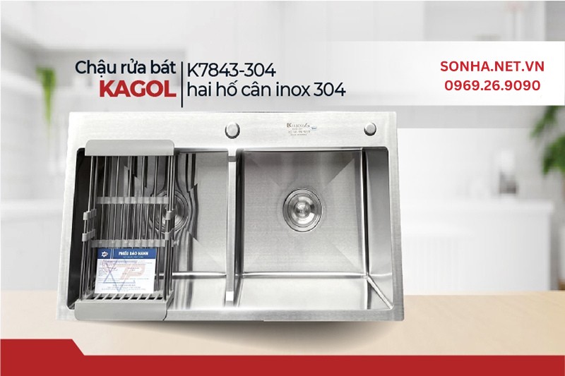Chậu rửa b&aacute;t Kagol K7843-304 hai hố c&acirc;n inox 304 b&aacute;n chạy hiện nay