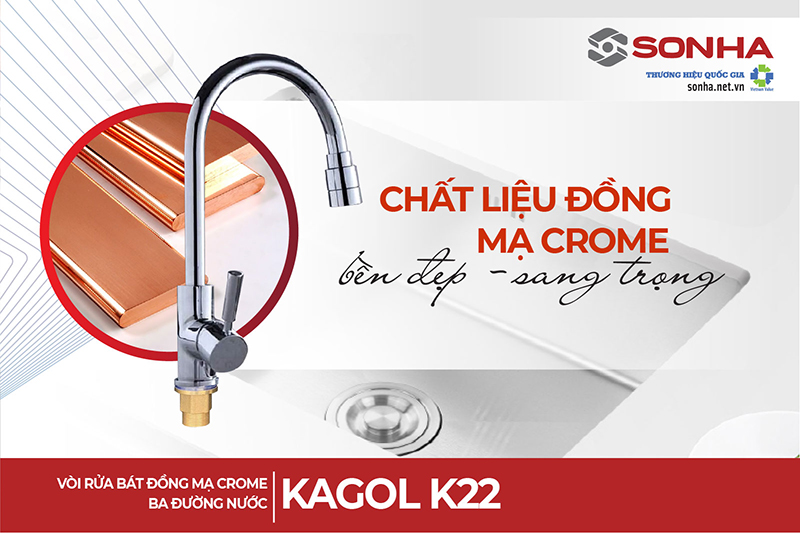 Vòi rửa bát Kagol K22 làm từ đồng mạ crome