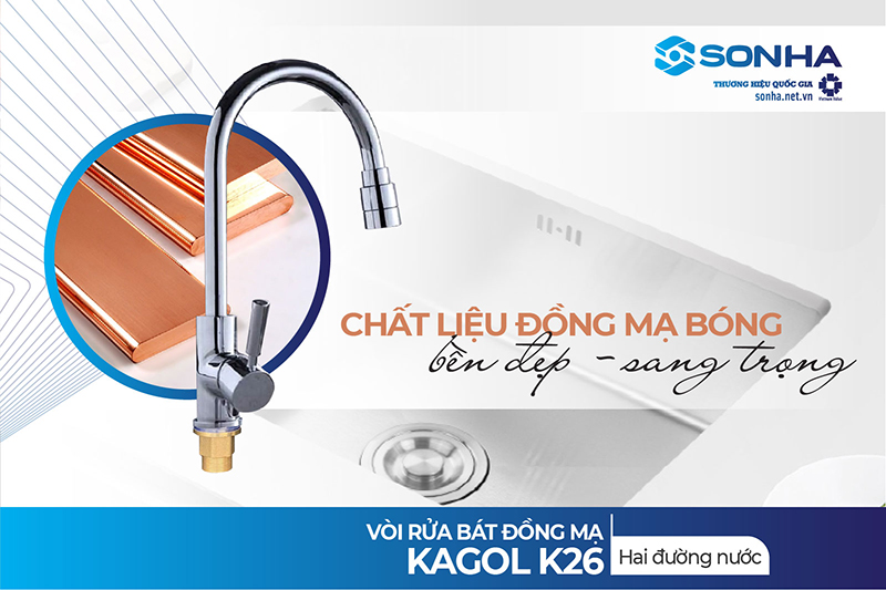 Vòi rửa chén Kagol K26 chất liệu đồng mạ bóng