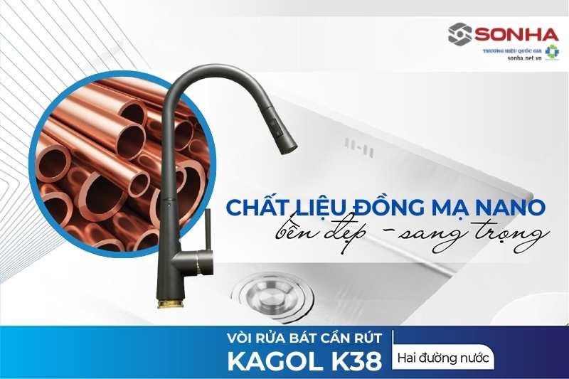 Vòi rửa bát Kagol K38 được chế tạo từ đồng phủ nano đen chất lượng cao