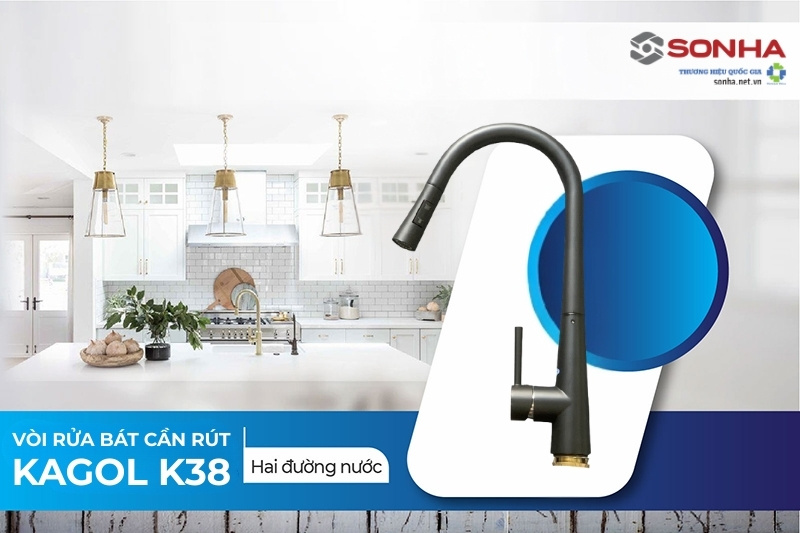 Siêu phẩm vòi rửa bát chén Kagol K38 2 đường nước cần rút
