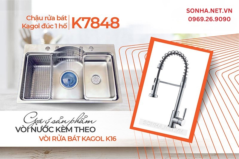 Bộ đ&ocirc;i ho&agrave;n hảo chậu v&ograve;i Kagol K7848 v&agrave; K16 tối ưu tiện &iacute;ch c&ocirc;ng năng kh&ocirc;ng gian bếp 