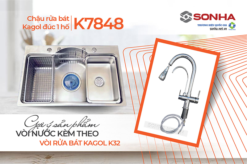 Vòi rửa bát Kagol K32 và chậu K7848