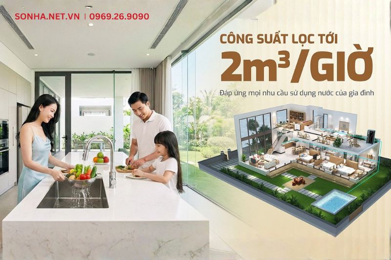 Hệ thống lọc tổng Karofi KMF-68T sở hữu công suất lọc lớn lên đến 2m3/h