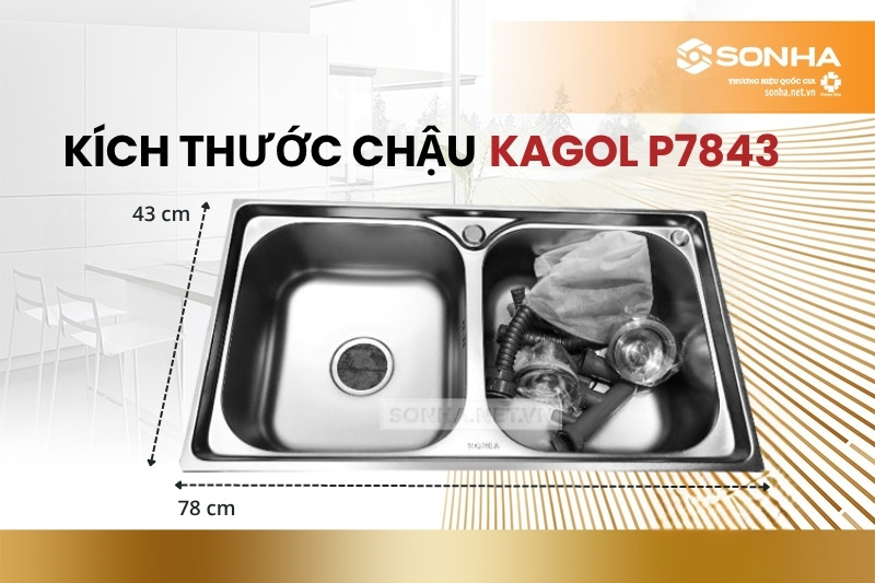 Kích thước bồn rửa chén inox 2 hố cân Kagol P7843