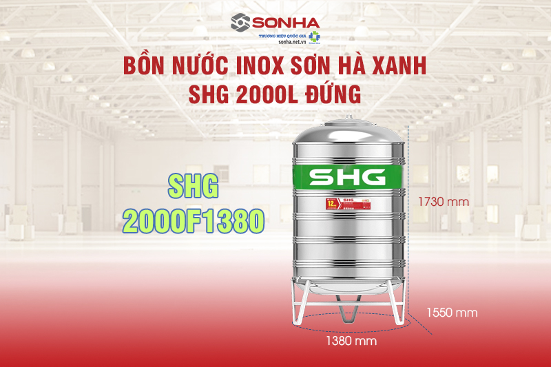 Thông số kỹ thuật Bồn nước Inox Sơn Hà Xanh SHG 2000L đứng