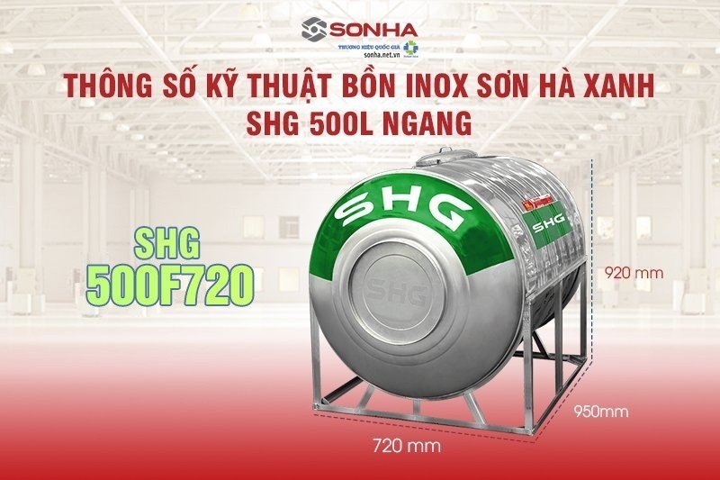 Bồn nước Inox Sơn Hà Xanh SHG 500L Ngang - SHG500F720