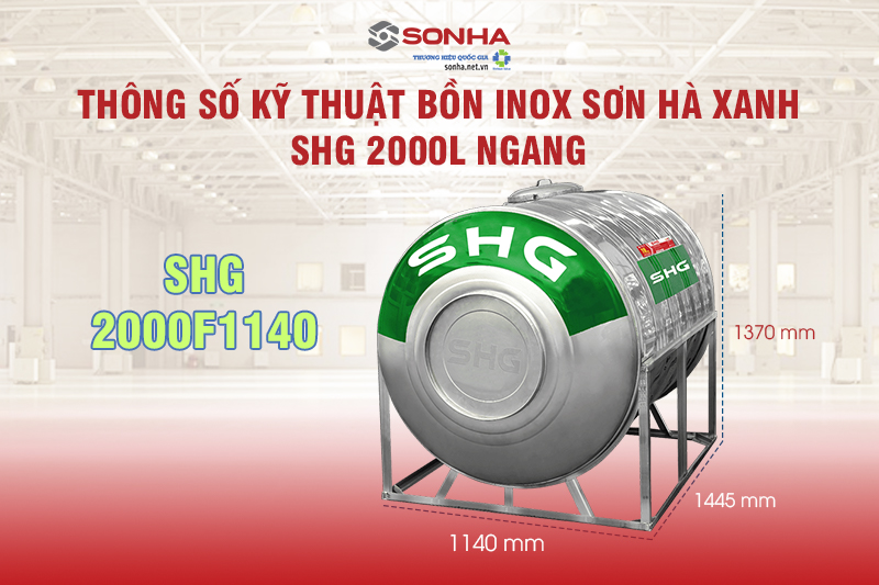 Thông số kỹ thuật Bồn nước Inox Sơn Hà Xanh SHG 2500L Ngang - SHG2500F1140 
