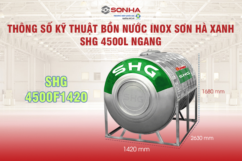 Thông số kỹ thuật Bồn nước Inox Sơn Hà Xanh SHG 4500L Ngang 
