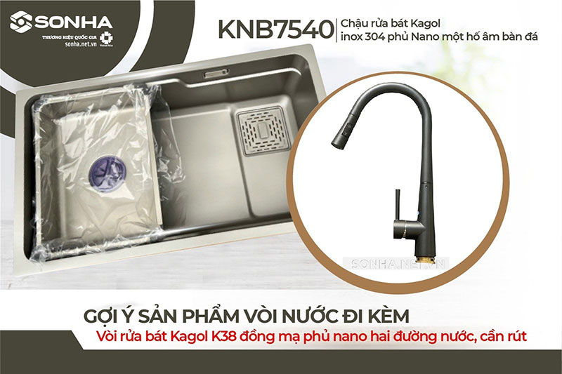 Bồn rửa chén 1 ngăn Kagol KNB7540-304 và vòi Kagol K38
