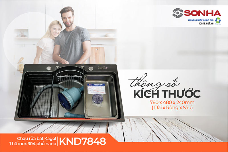 Thông số kích thước chậu rửa 1 hố Kagol KND7848-304